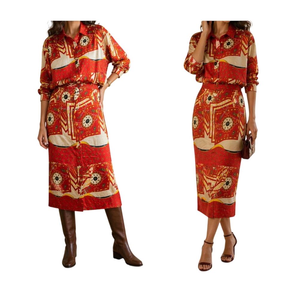 Vintage Alexander Campbell Red Cotton Skirt Set Gold Polo Print 14 Old Money 90s